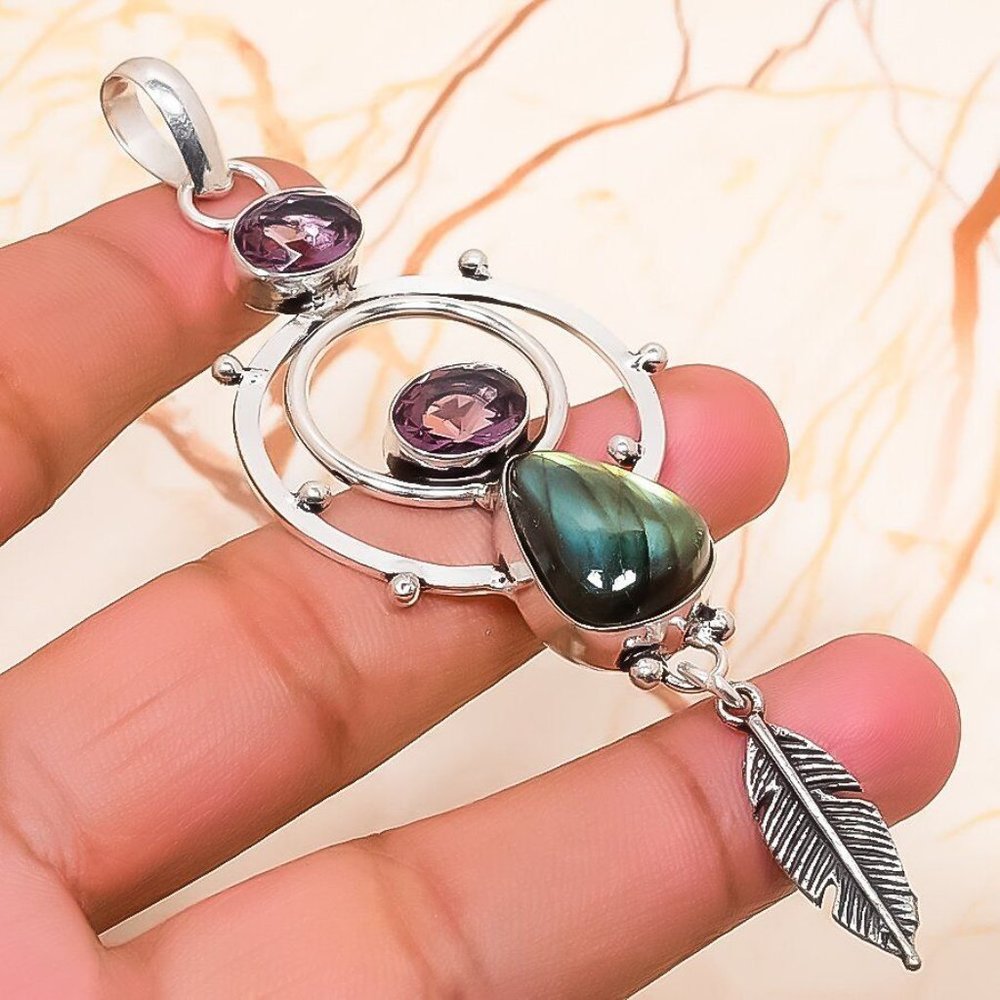 Beautiful Labradorite, Amethyst Real Gemstones 925 Stamped Necklace.